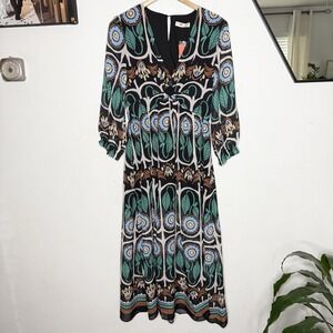 New Intempo Slit Long Sleeve Maxi Dress Front Opening V-Neck Womens Medium